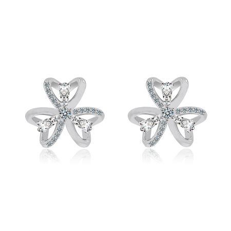 3 Hearts Clover and CZ Ear Post - Front view of the 3 Hearts Clover and CZ Ear Post stud earrings, showcasing the rhodium-plated brass clover design with sparkling cubic zirconia stones.