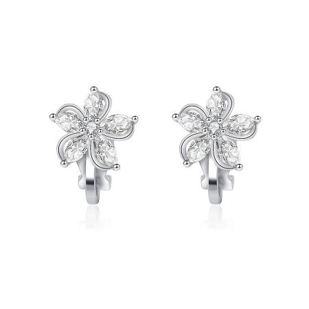 5 Petals Flower Clip Earrings - A pair of 5 Petals Flower Clip Earrings in rhodium-plated brass, showcasing a sparkling floral design with white cubic zirconia stones.