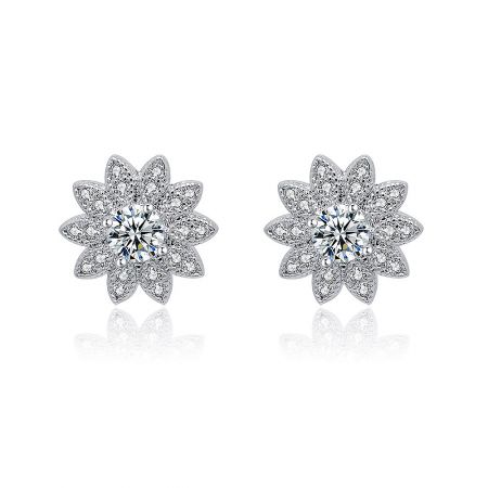 Cubic Zirconia Sunflower Button Earring - A close-up of the Cubic Zirconia Sunflower Button Earring, showcasing its intricate silver floral design with a central sparkling cubic zirconia stone surrounded by smaller stones.