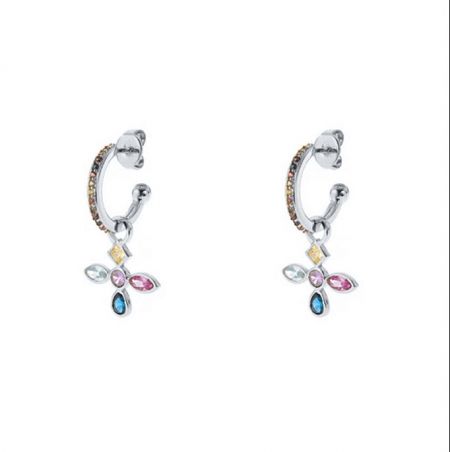 Silver version of the cross hoop earrings with multicolored gemstones.