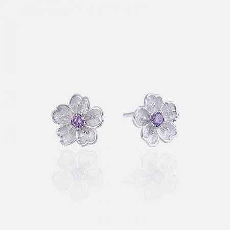 925 Sterling Silver Cherry Blossom Flower Stud Earrings (5 Pairs) - A pair of 925 sterling silver cherry blossom stud earrings with vibrant purple gemstone centers, displayed on a clean white background.