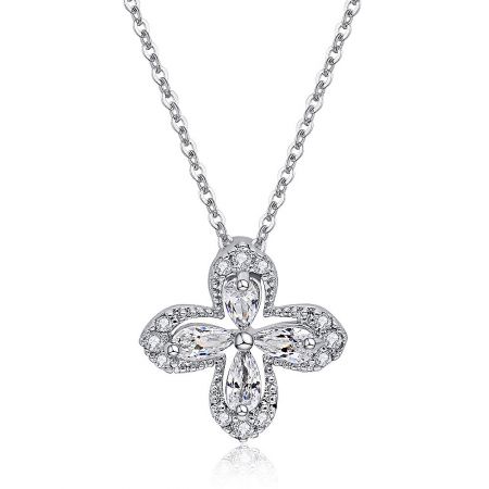 Ever light 4 Petal Flower Necklace - A close-up of the Ever light 4 Petal Flower Necklace, showcasing its rhodium-plated finish and the intricate flower pendant with a central cubic zirconia stone.