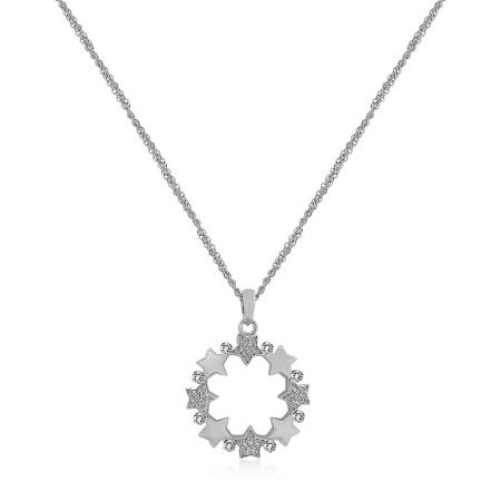 Round Star Wreath Pendant Necklace Wholesale - Close-up of the Round Star Wreath Pendant Necklace, showcasing its intricate silver design and rhodium plating on a white background.