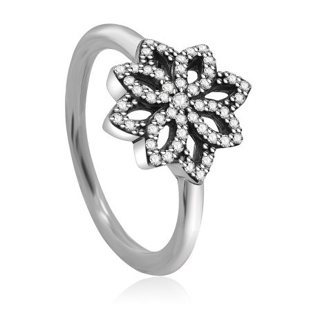 Side profile of the Snowflake Silver Plated Ring, showcasing the detailed setting and the brilliance of the cubic zirconia gems.