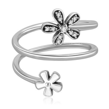 Sterling Silver Double Flower Blooms Spiral Ring - A unique sterling silver spiral ring featuring two flower blooms, one adorned with sparkling cubic zirconia diamonds and the other with a smooth, polished finish.