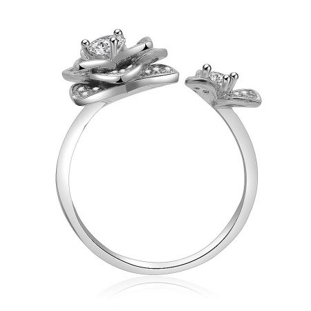 Angled shot of the silver rose flower ring, showing the sparkle of the clear cubic zirconia gemstones.