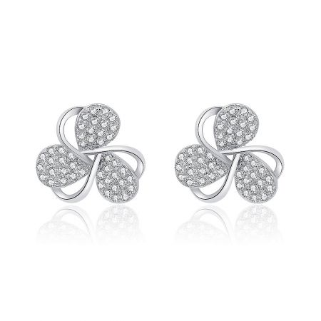 Lucky Symbol Leaf Clover Baby Studs - A pair of Lucky Symbol Leaf Clover Baby Studs, made of silver-colored metal with a rhodium finish, featuring a four-leaf clover design adorned with sparkling clear cubic zirconia gemstones.