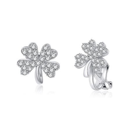 Close-up of the Lucky Leaf Clover clip-on earrings, highlighting the brilliant cubic zirconia stones.