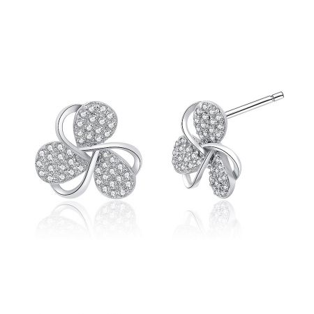 Front and back view of the silver four-leaf clover earrings, displaying the sparkling cubic zirconia and the post closure.