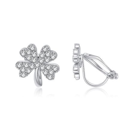 Detailed view of the silver four-leaf clover earrings showcasing the clear gemstone pave setting.