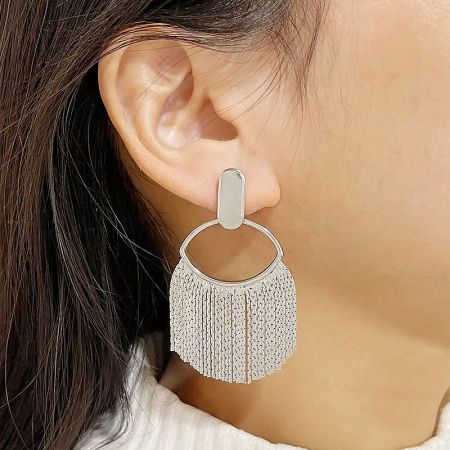 Silver Plated Tassel Stud Drop Earrings (Set of 5 Pairs) - A close-up of a silver-plated tassel stud drop earring, showcasing its intricate fringe design against a white background.