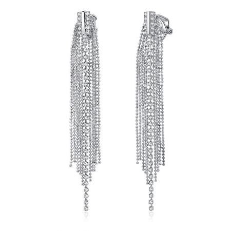 Full view of the silver fringe chandelier earrings, displaying their long, elegant, and sparkling design.