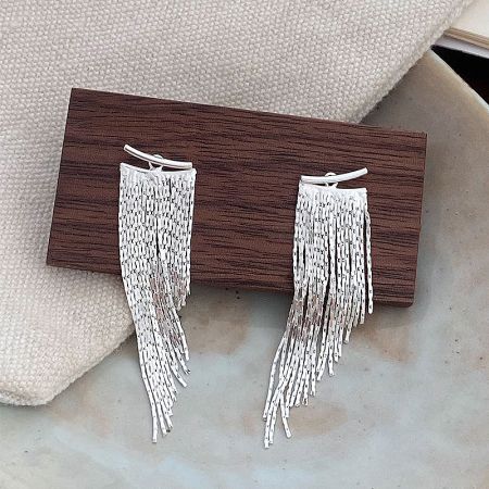 925 Sterling Silver Chain Tassels Dangling Earrings (5 pairs) - A pair of elegant 925 sterling silver chain tassel dangling earrings on a clean white background, showcasing their intricate fringe design.