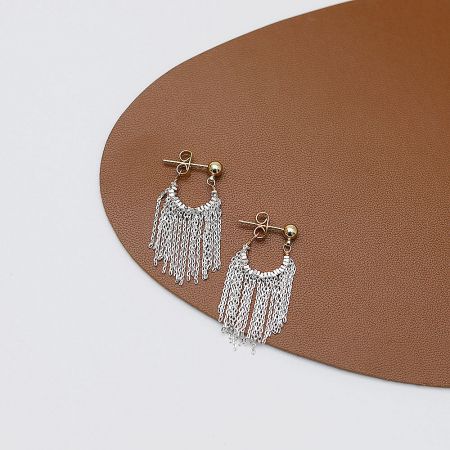 Close-up of the silver fringe earrings, showing the intricate tassel details.