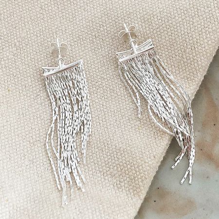 A pair of 925 sterling silver fringe pendant earrings against a white background.