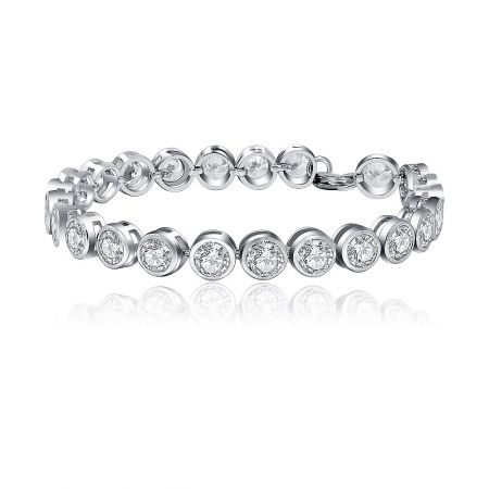 Close-up detail of the Bezel Set CZ Tennis Bracelet, highlighting the secure bezel setting of each sparkling cubic zirconia stone.