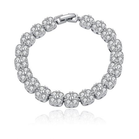 Cubic Zirconia Tennis Bracelet Rhodium Plated - A rhodium-plated cubic zirconia tennis bracelet with sparkling gemstones arranged in a classic, elegant pattern on a white background.