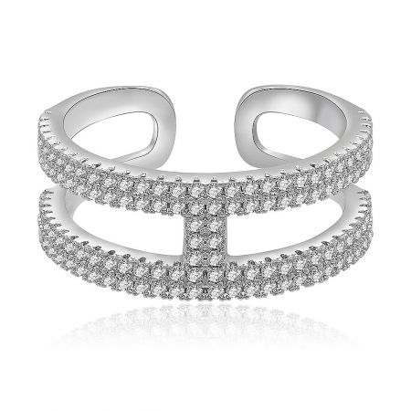 H Design Pave CZ Ring - Front view of the H Design Pave CZ Ring, showcasing its rhodium-plated brass band and intricate pave-set cubic zirconia stones.