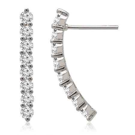 Detailed view of the curved bar earrings showing the row of clear cubic zirconia gemstones and post-back design.