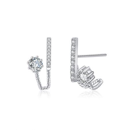 Close-up detail of a single chic stud earring, showcasing the modern design with its encrusted gemstones and polished rhodium finish.