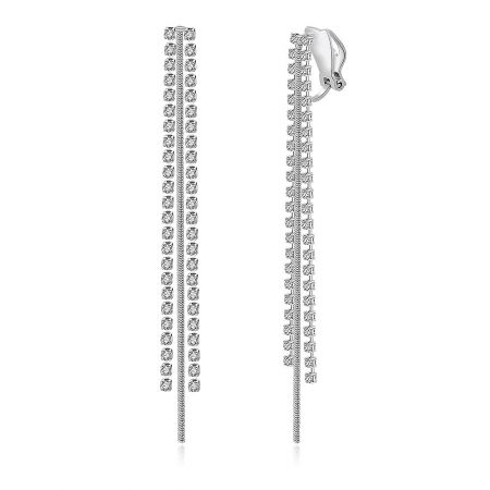 Close-up of the long, slender silver clip-on earrings, highlighting the multiple rows of sparkling cubic zirconia gemstones.