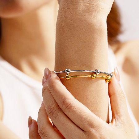 Stainless Steel Round Bead Open Cuff Bangle Set - A set of five stainless steel open cuff bangles with round beads, shown in both gold and silver finishes, stacked together on a white background.