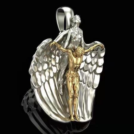 Custom Royalty 3D Statues Charms - A detailed custom 3D religious charm depicting a silver winged figure holding a golden figure, showcasing intricate craftsmanship.