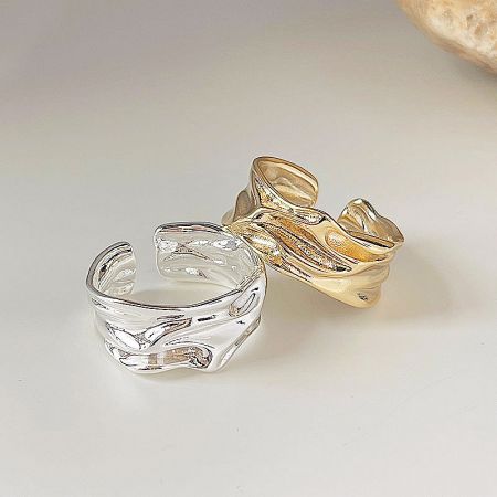 Geometrical Polish Irregular Pleats Open Rings Set of 5 - A set of geometrical polish irregular pleats open rings, showcasing both the gold and silver finish options against a clean white background.