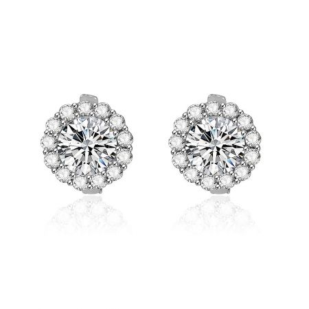 Flower CZ Cluster Huggie Earrings - Close-up of a Flower CZ Cluster Huggie Earring, showcasing the intricate halo-style design with a central cubic zirconia surrounded by smaller stones on a rhodium-plated brass base.