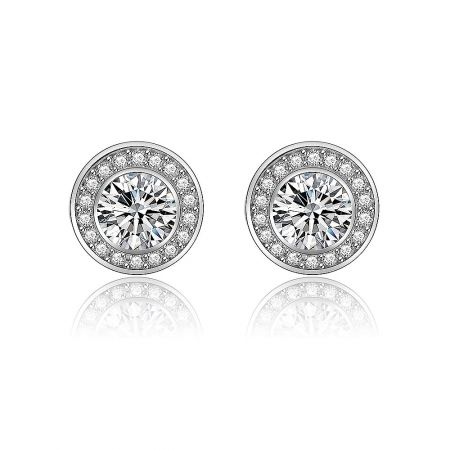 White Zirconia Disc Ear Earring Studs - A close-up of the White Zirconia Disc Earring Studs, showing the silver rhodium-plated brass and the double-layered cubic zirconia halo design.
