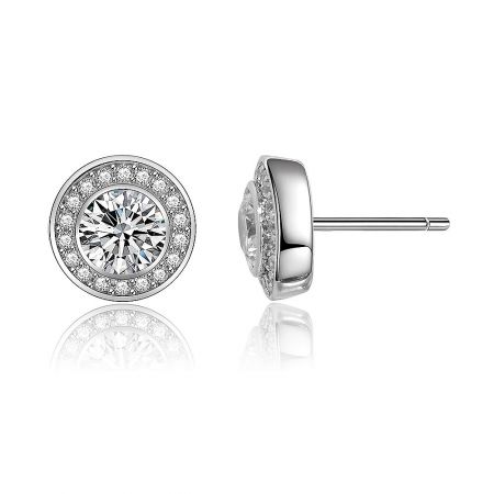 Side view of the White Zirconia Disc Earring Studs, highlighting the classic halo setting with a central gemstone.