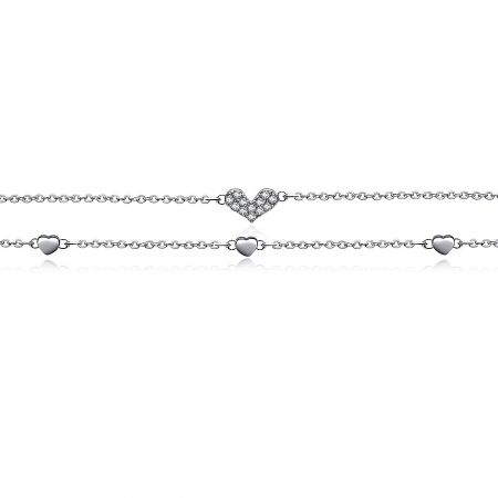 The silver heart charm bracelet displayed to show its length and lobster clasp closure.