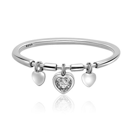 925 Sterling Silver Dangling Heart Ring - A 925 sterling silver heart charm bracelet with a sparkling cubic zirconia gemstone at its center, showcasing the dangling heart design.