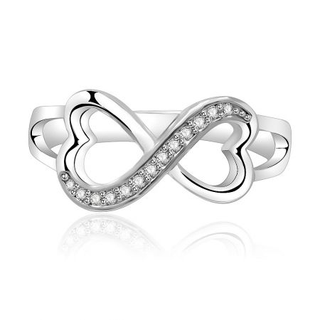 Double Heart Split Shank Ring with Cubic Zirconia - A close-up of the Double Heart Split Shank Ring, showcasing the intertwined heart and infinity design crafted in rhodium-plated brass and set with sparkling cubic zirconia stones.