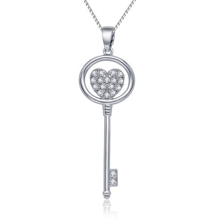 Detailed view of the heart-shaped key pendant, highlighting the clear cubic zirconia gemstones.