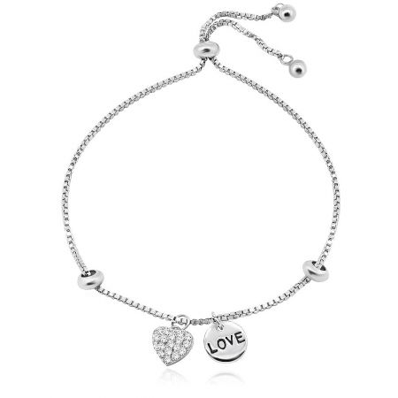 Love Heart Shaped Charm Adjustable Bracelet - Close-up of the silver Love Heart Charm Adjustable Bracelet, highlighting the sparkling cubic zirconia heart charm and the engraved 'LOVE' disc charm.