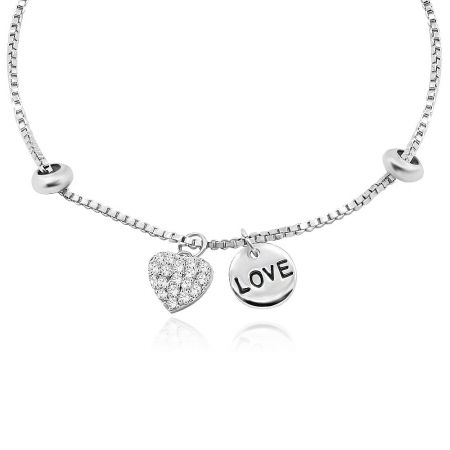 A silver adjustable bracelet with a delicate heart charm and a 'LOVE' engraved charm, perfect for expressing affection.