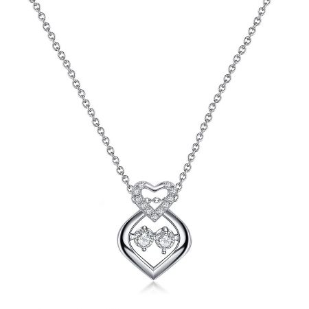 Silver Dancing CZ Heart Pendant Necklace - A detailed view of the rhodium-plated Silver Dancing CZ Heart Pendant Necklace, showcasing the intricate double heart design and shimmering cubic zirconia stones.