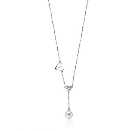 Rhodium Tone Pearl Heart Dangle Necklace - Rhodium Tone Pearl Heart Dangle Necklace featuring a dual heart pendant with cubic zirconia and a white glass pearl on a silver chain.