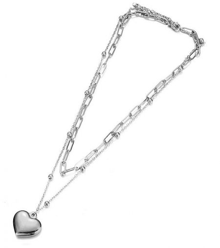 Silver-plated version of the heart charm layered necklace, showcasing its versatility.