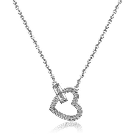 Classic Hollow Heart CZ Pendant - A close-up of the Classic Hollow Heart CZ Pendant, showcasing the intricate cubic zirconia stones set in the rhodium-plated silver-tone heart.