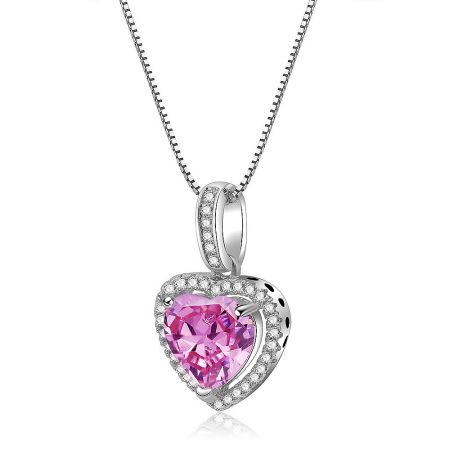 Detailed view of the silver heart pendant with a pink gemstone and surrounding white stones.