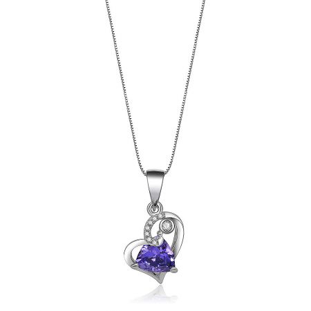 Heart Connect Necklace - Heart Connect Necklace featuring a silver heart-shaped pendant with a large purple cubic zirconia center stone and smaller clear stones.