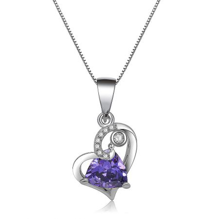 Close-up view of the Heart Connect Necklace's pendant, showing the intricate swirling design and pear-shaped purple gemstone.