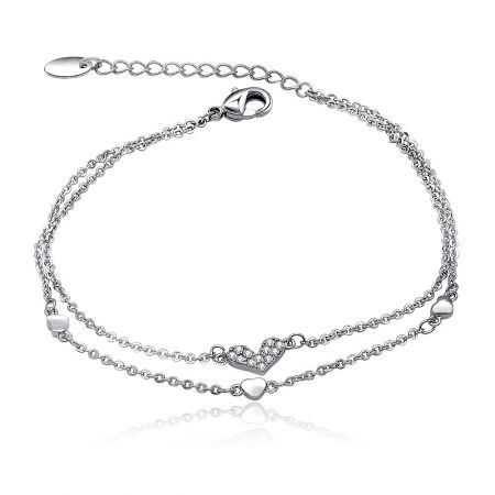 Double Chains Silver Heart CZ Charm Bracelet - A close-up of the Double Chains Silver Heart CZ Charm Bracelet, showcasing its double-strand design and sparkling cubic zirconia heart charms on a white background.