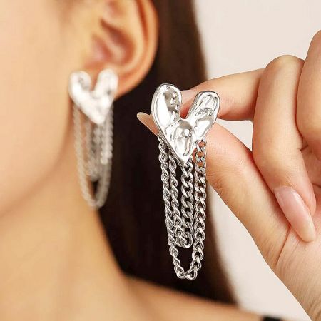 Stainless Steel Hammered Heart Link Chain Tassel Post Earrings (5 pairs) - A pair of stainless steel hammered heart earrings with delicate chain tassels hanging below, showcased on a white background.