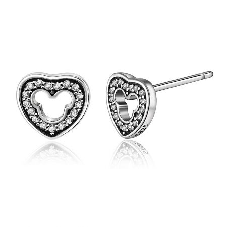 Detailed shot of the Silver Heart Ear Studs showcasing the unique cutout design and surrounding pavé stones.