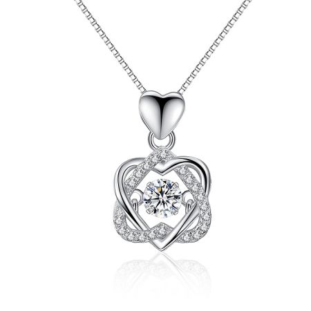 Interlock Two Heart Pendant Necklace - A close-up of the Interlock Two Heart Pendant Necklace, showing the two entwined silver hearts embellished with sparkling white cubic zirconia stones.