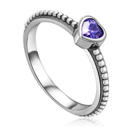 Side profile of the purple heart stacking ring, highlighting the intricate decorative texture on the silver band.