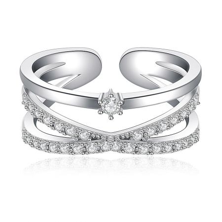 Cubic Zirconia Criss Cross Ring - A stylish rhodium-plated brass ring featuring a criss-cross design studded with clear cubic zirconia stones.